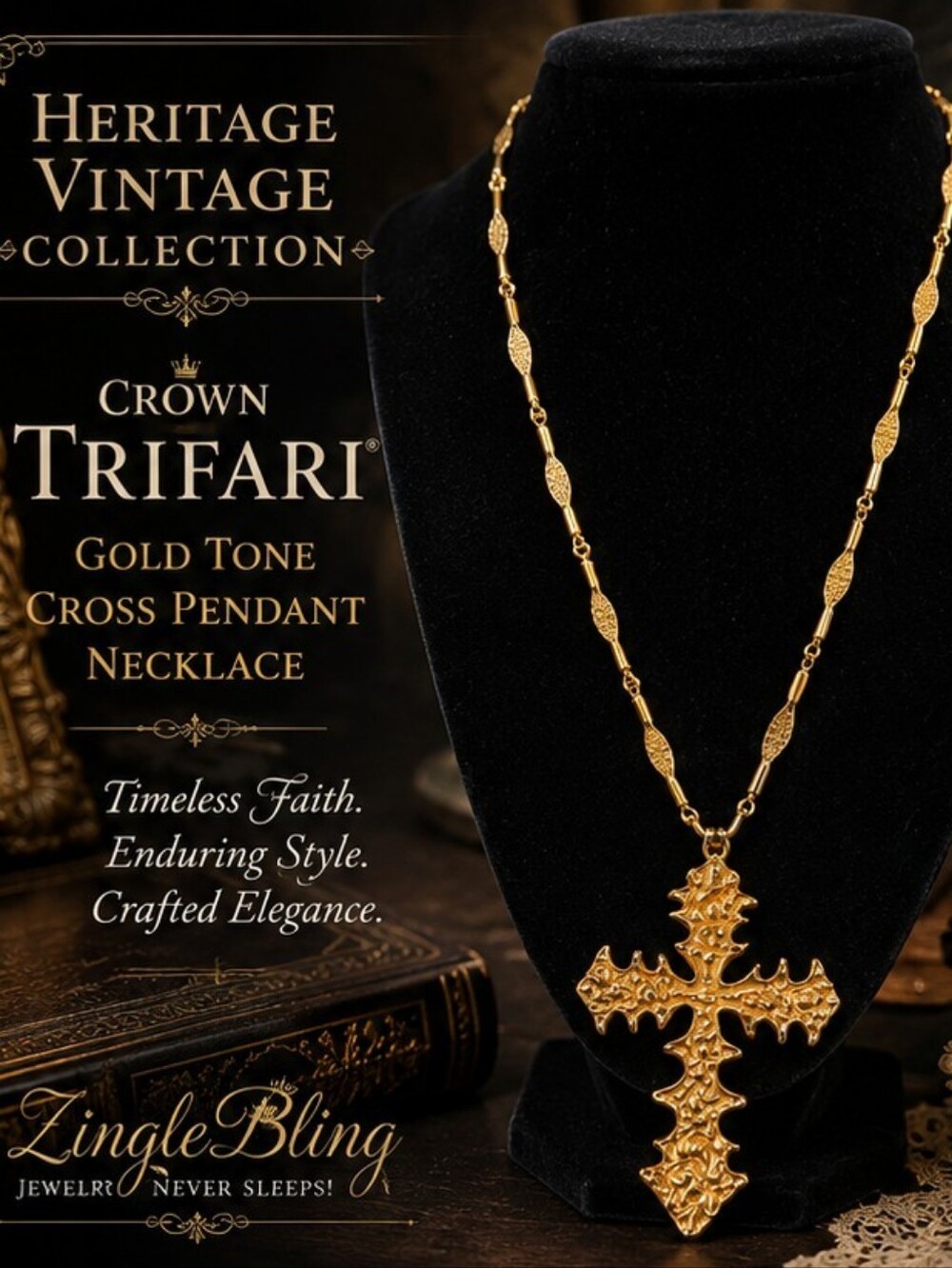 Poshmark Title:Vintage Crown Trifari Gold Tone Cross Pendant Necklace 26"